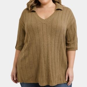 Venezia Jeans V-Neck Collared 100% Cotton Ribbed Short Sleeve Sweater Size 22/24